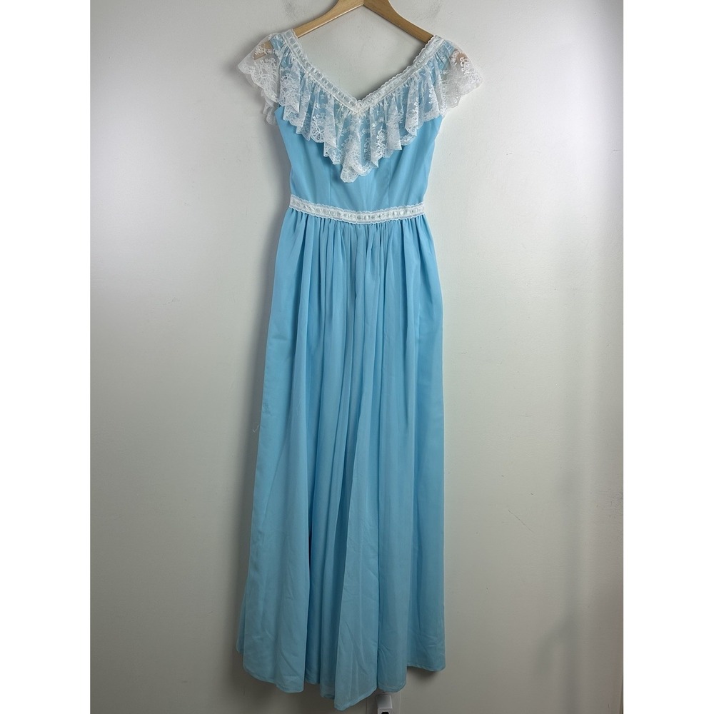 Vintage 70s Prairie Maxi Dress Small Baby‎ Blue Ruffle Lace Trim Peasant Cottage